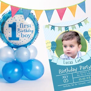 Blaue Illustrative Geburtstagseinladung mit Luftballons und Wimpelkette.invitation, Kindergeburtstagseinladung, Vorlage für Geburtstagseinladungen