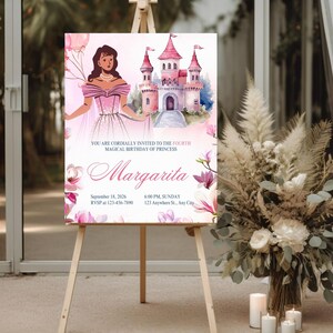 Invitación de cumpleaños de princesa personalizada para niñas, invitación a fiesta de castillo rosa para el 4.º cumpleaños, tarjeta de cuento de hadas imprimible, descarga digital