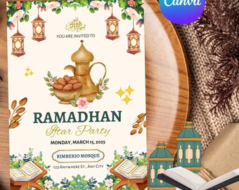 Op de afbeelding: Een uitnodiging voor een Ramadan Iftar-feest in de Rimberio-moskee op maandag 15 maart 2025. De uitnodiging toont een gouden theepot met dadels, groene lantaarns en een bloemige rand.
