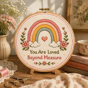 May include: A circular wooden embroidery hoop containing a cross-stitch design of a rainbow, clouds, and pink flowers. The text reads "You Are Loved Beyond Measure" in dark green and red thread. The design is centered on white fabric.