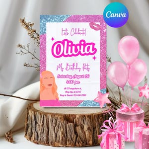 Invito alla festa di compleanno con glitter rosa per ragazze, biglietto di auguri Olivia modificabile, modello di invito scintillante glamour per feste di adolescenti o preadolescenti