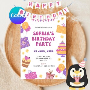 Convite fofo para festa de aniversário Download instantâneo Quantidade limitada Compre rapidamente Convite de aniversário, aniversário de menina, cartão de aniversário, convite infantil