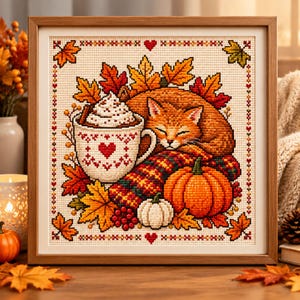 Op de afbeelding: Een ingelijste kruissteekborduurwerk met een oranje kat die slaapt naast een mok warme chocolademelk met slagroom, een plaid en pompoenen, omringd door herfstbladeren en kleine rode hartjes binnen een vierkante rand.