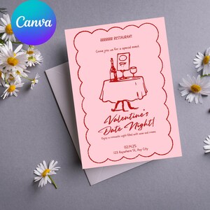 Invitación a la cena de San Valentín: noche romántica con vino y rosas Invitación a la cena de San Valentín, evento de noche romántica, cena en pareja
