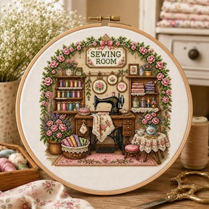 May include: A circular embroidery hoop containing a cross-stitch design of a sewing room. The scene features a black sewing machine on a wooden desk, shelves with colorful thread spools, floral arrangements, and a sign reading SEWING ROOM.