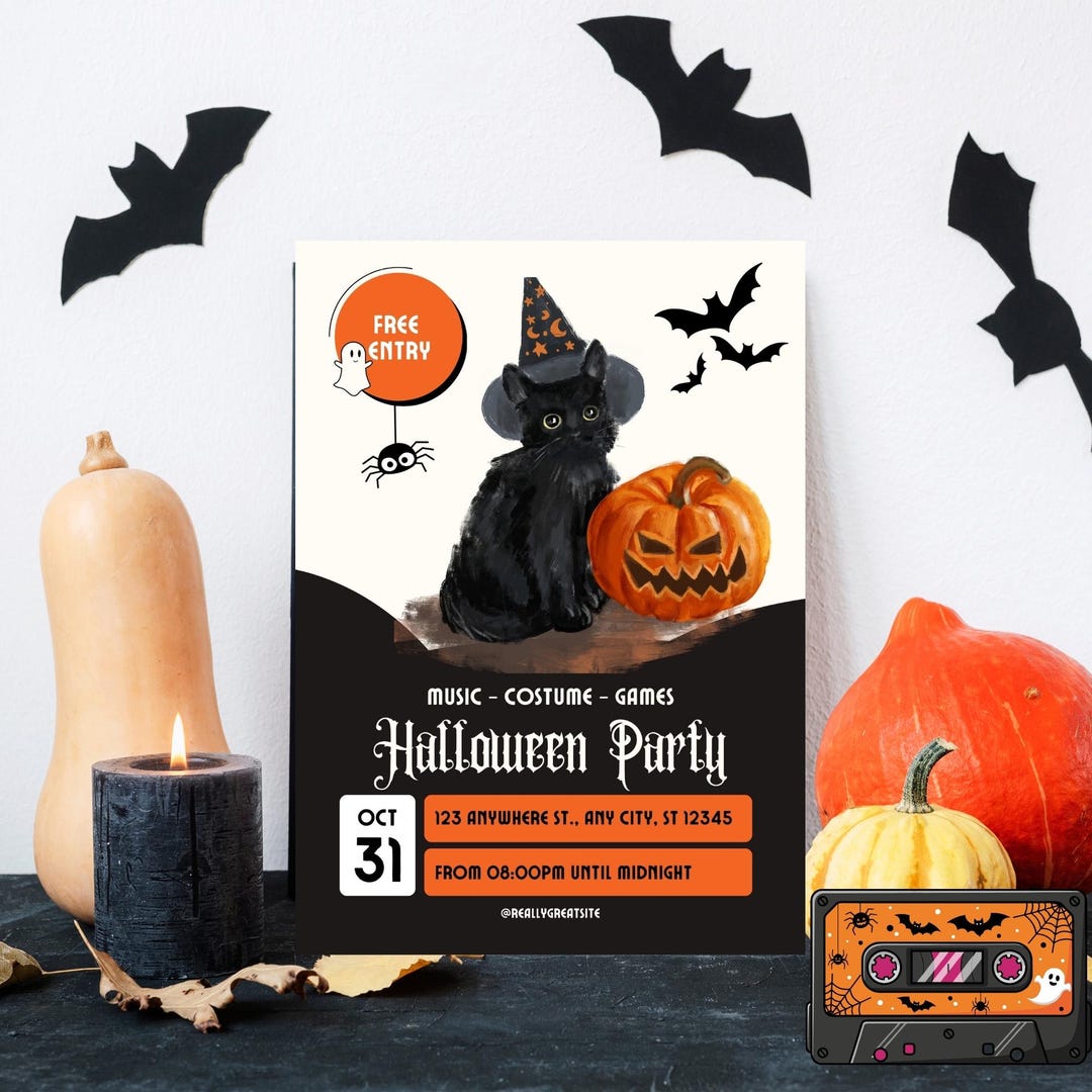 Black Cat Halloween Party Invitation | Editable Canva Template - Etsy