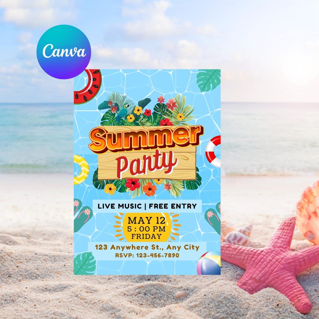 Tropical Pool Party Invitation: Editable Summer Event Flyer (canva ...