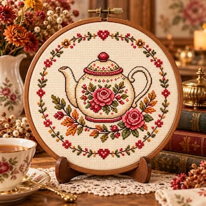 May include: A circular wooden embroidery hoop containing a cross-stitch pattern of a white teapot decorated with pink roses and green leaves. The teapot is surrounded by a floral wreath featuring small red hearts, red flowers, and autumn leaves.