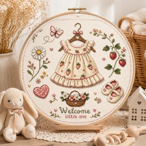 Pode incluir: Um bastidor de bordado circular com um design em ponto cruz sobre tecido creme. O padrão inclui um vestido num cabide, uma borboleta, margaridas, morangos, um coração, um cesto de flores e sapatinhos, com o texto Welcome Little one.