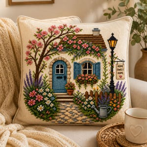 Könnte beinhalten: Ein quadratisches Zierkissen mit einem Kreuzstichmotiv, das ein Häuschen mit blauer Tür, blauen Fensterläden und einem Steinweg zeigt. Die Szene umfasst einen blühenden Baum, einen Garten, eine schwarze Laterne mit dem Schild HOME SWEET HOME und eine Gießkanne.