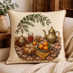 Moroccan Tea Cross Stitch Pattern, Oriental Teapot Oranges Still Life (PDF Download)