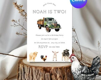 Farm Birthday Invitation: Barnyard Animals, Vintage Truck (Digital Download, Editable Canva Template)