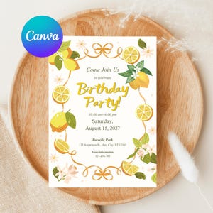 Lemon Theme Birthday Party Invitation Printable Summer Fruit Design Custom Editable Invite Template for Kids or Adults Celebration
