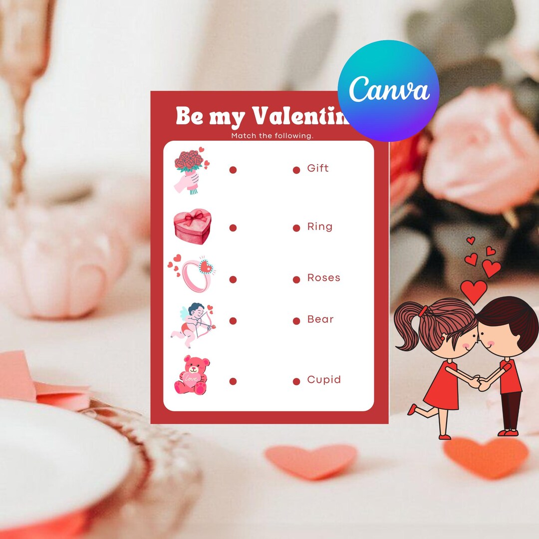 Valentine's Day Matching Game Worksheet, Cupid, Bear, Roses (printable ...
