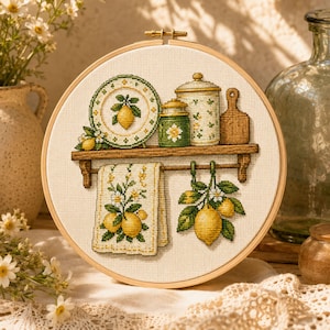 May include: A circular embroidery hoop containing a cross-stitch design of a wooden kitchen shelf. The shelf holds a decorative plate with a lemon, two canisters, and a cutting board. A towel and a branch of lemons hang from the shelf rail.