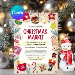 May include: A festive Christmas Market advertisement with a cream background and holiday-themed illustrations. The poster includes the text "Christmas Market" in red, event details, and a website address. Decorative elements include a snowman, gingerbread man, and gift boxes.