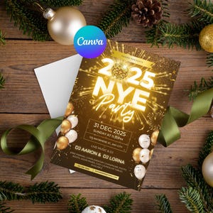 2025 New Year&#39;s Eve Invitation: Glamorous Gold Party (Canva Editable Template)