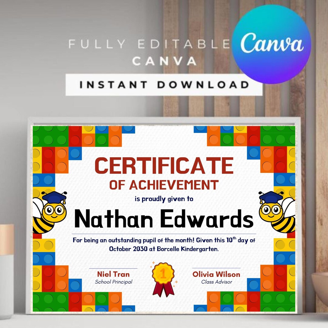 Editable Bee Theme Certificate of Achievement: Preschool Award Diploma ...