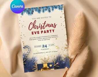 May include: A Christmas Eve party invitation with a festive design featuring blue and gold accents. The invitation includes the text "Christmas Eve Party" and details about the event, including the date, time, and location.