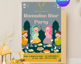 Op de afbeelding: Een uitnodiging voor een Ramadan Iftar-feest met een cartoonillustratie van kinderen die bidden en een tafel met eten. De uitnodiging bevat de datum, tijd en locatie van het evenement.  "SUNDAY, MARCH 16, 2025 AT 4:30 - END 123 ANYWHERE ST, ANY CITY 12345"
