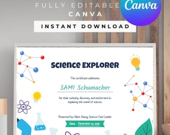 Certificado de Explorador da Ciência, Prêmio STEM Editável (Download Digital)