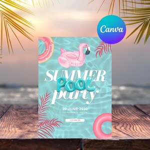Kleurrijke uitnodiging voor zwembadfeestje met schattige dobberontwerpen, leuk tropisch thema en bewerkbare tekst voor directe download