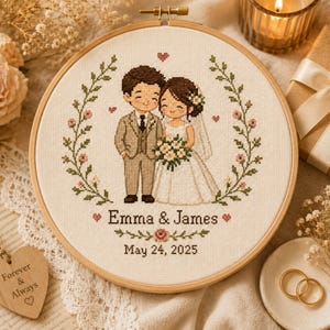 May include: A cross-stitch embroidery hoop featuring a wedding scene. The design includes a couple, floral accents, and the names "Emma & James" with the date "May 24, 2025". The artwork is framed in a wooden hoop.