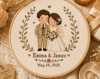 Personalized Wedding Cross Stitch Pattern – Bride Groom Floral Hoop Art (PDF Download)