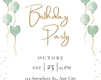 Elegant Green & Gold Birthday Party Invitation   watercolor birthday invite, green and gold birthday, party invite, heart balloon design