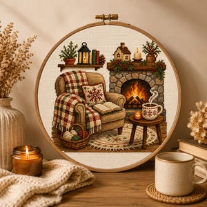 Puede incluir: Un bastidor de bordado circular de madera con un patrón de punto de cruz de una habitación acogedora con chimenea, un sillón beige con una manta de cuadros rojos y verdes, una mesa pequeña con una taza humeante y una cesta de ovillos.