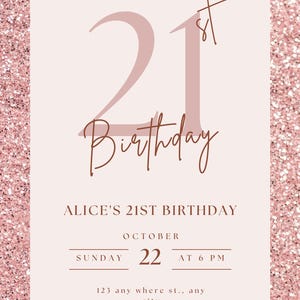 Rose Gold Glitter 21. Geburtstagseinladung Geburtstagseinladung, Roségold Party einladen, Einladung, elegante Geburtstagskarte, schicker Geburtstag