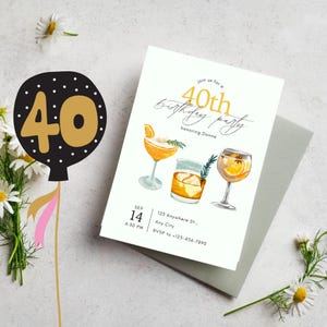 Convite elegante para festa de 40º aniversário para mulheres – Tema coquetel laranja, download digital editável – Convite de aniversário elegante para seu 40º aniversário