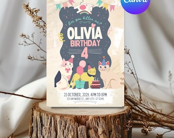 Cute Cat-Themed 4th Birthday Invitation for Girls–Editable Printable–Party Invite Cat Birthday Invite,Party Invitation,Cute Cat,Pink Cat