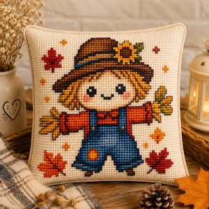 Puede incluir: Un cojín decorativo cuadrado con un diseño de punto de cruz de un espantapájaros sonriente con sombrero marrón y girasol, camisa roja y peto azul, rodeado de pequeñas hojas de otoño naranjas y rojas sobre tela de color crema.