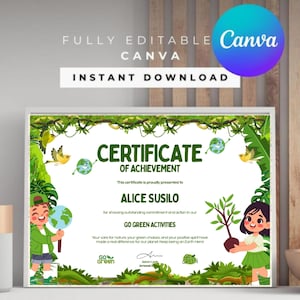 Certificado de Premio Ecológico Infantil, Diploma Go Green, Día de la Tierra (Canva editable, descarga digital imprimible)