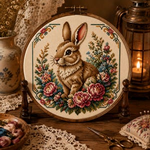 May include: A circular cross-stitch embroidery piece featuring a brown rabbit centered among colorful pink and blue flowers. The design is framed in a wooden hoop, showcasing detailed needlework with a cream-colored fabric background.