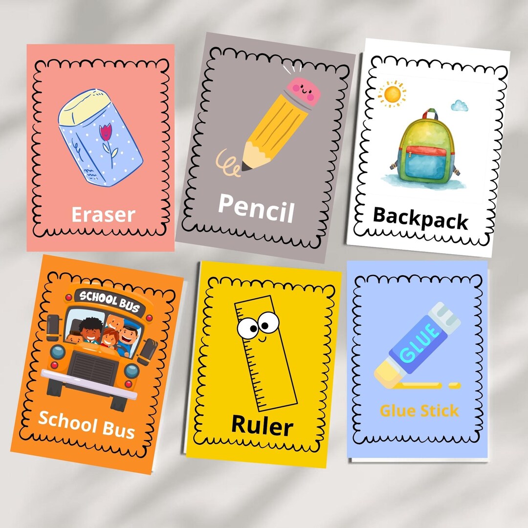 Colorful School Supplies Flashcards for Kids Learning, Educational ...