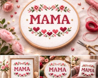 Blumen Herz Mama Kreuzstich Muster (Digitaler Download)
