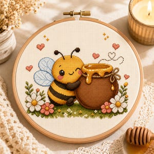 May include: A circular wooden embroidery hoop containing a cross-stitch design of a yellow and black bee hugging a brown honey pot. The scene includes white daisies, pink flowers, green grass, and small red hearts on a cream-colored fabric background.