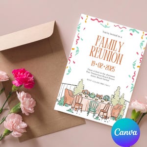 Może przedstawiać: Biała karta z zaproszeniem z kolorowymi konfetti i ręcznie rysowanym obrazkiem rodzinnego spotkania w kurorcie nadmorskim. Tekst brzmi "You're invited to a Family Reunion 19.02.2025 Three o'clock in the afternoon Port Timmerman Beach Resort Attire: Beach formal RSVP-123-456-7890 (Saca)"