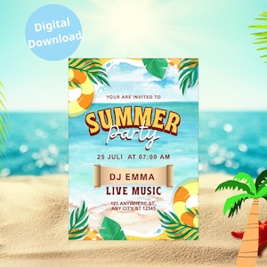 Bearbeitbare Sommerparty Einladung Vorlage mit DJ Live Musik Thema, Tropischer Strand Pool Flyer Design für sofortigen Canva Download, Tropischer Strand