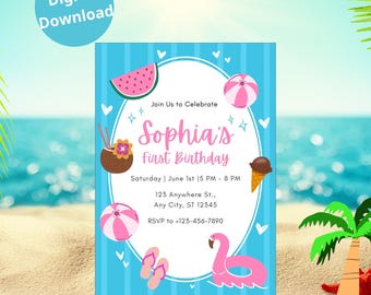 Peut inclure: Une invitation numérique à télécharger sur le thème de la plage. L'invitation présente un fond bleu avec des rayures verticales blanches et des illustrations d'une tranche de pastèque, de ballons de plage et d'un flotteur flamant rose. Le texte indique "Sophia's First Birthday."