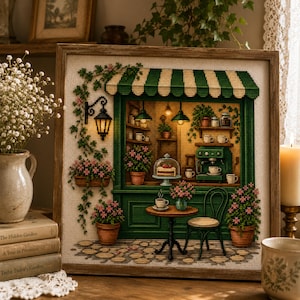 Cosy Café-kruissteekpatroon – vintage Parijse borduursel storefront (pdf-download)
