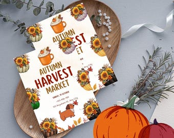 Autumn Harvest Market Invitation: Rustic Pumpkin Sunflower Fall Festival (Digital Download)