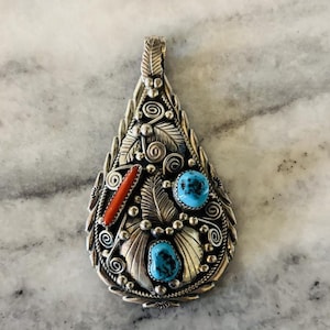 Vintage Navajo Sterling Silver Pendant – Sleeping Beauty Turquoise & Red Coral – Signed