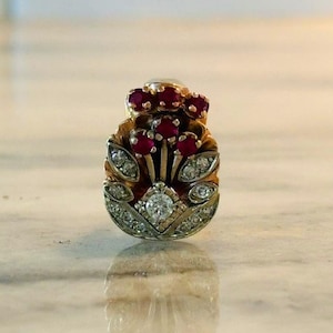 Vintage Ruby & Diamond Floral Ring – 14k Gold