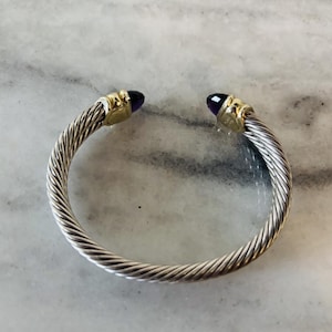 Vintage David Yurman Amethyst Cable Cuff Bangle: Sterling Silver & 14K Gold