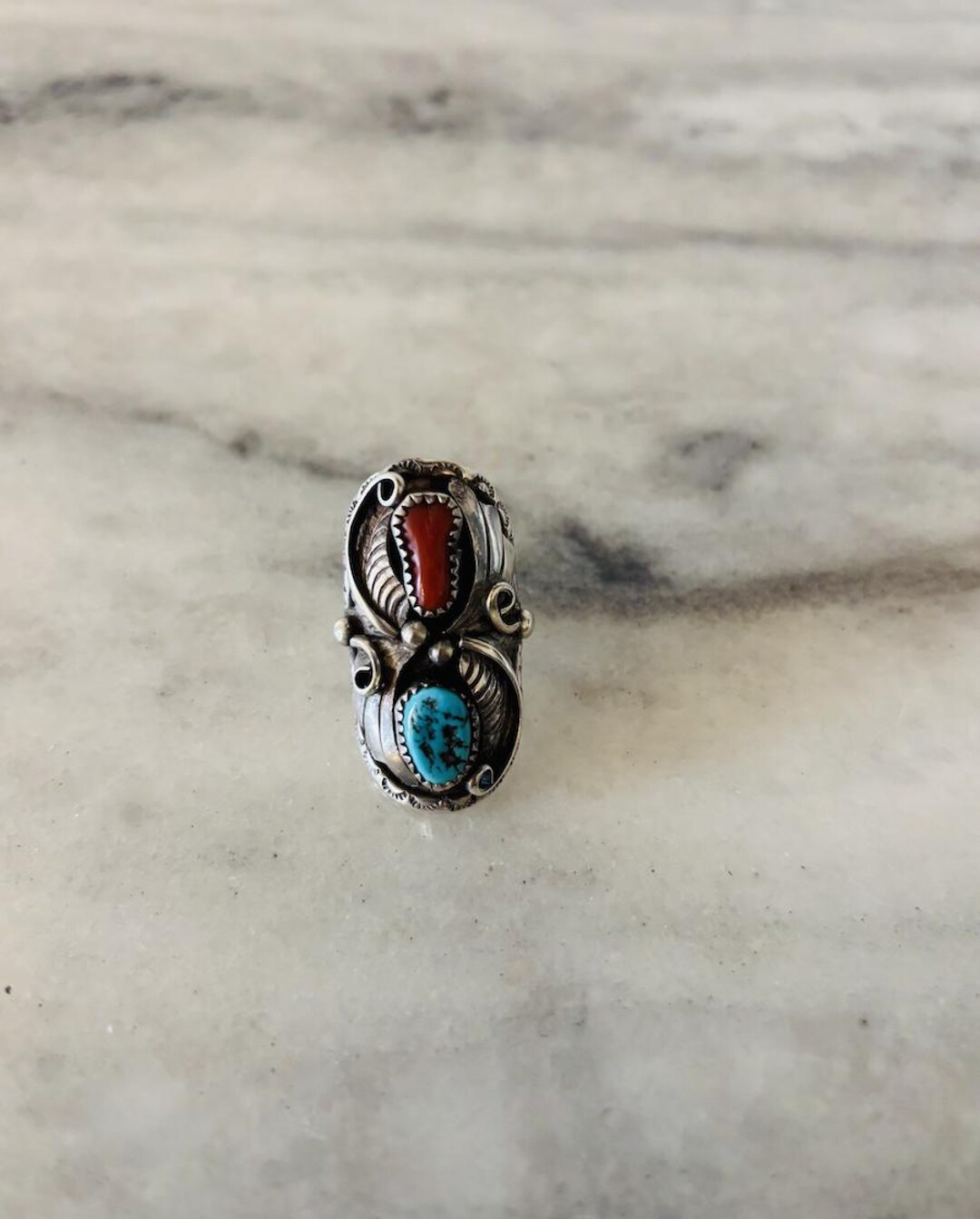 Vintage Turquoise & Coral Sterling Silver Authentic Navajo Signed Ring ...