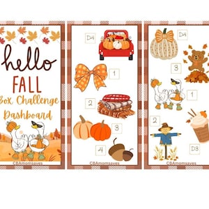 Op de afbeelding: Een herfst-thema challenge dashboard in drie panelen met de tekst "hello FALL Box Challenge Dashboard" en "CBAmomsaves". De panelen tonen illustraties van een rode vrachtwagen met pompoenen, een geruite strik, dekens, ganzen en een vogelverschrikker.