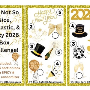 Puede incluir: Gráfico con temática de Año Nuevo con bordes dorados brillantes. El texto dice "The Not So Nice, Sarcastic, & Spicy 2026 Box Challenge!" con ilustraciones de copas de champán, sombreros y fuegos artificiales. Incluye una caja pequeña de 5 secciones y 6 mini aleatorizadores.
